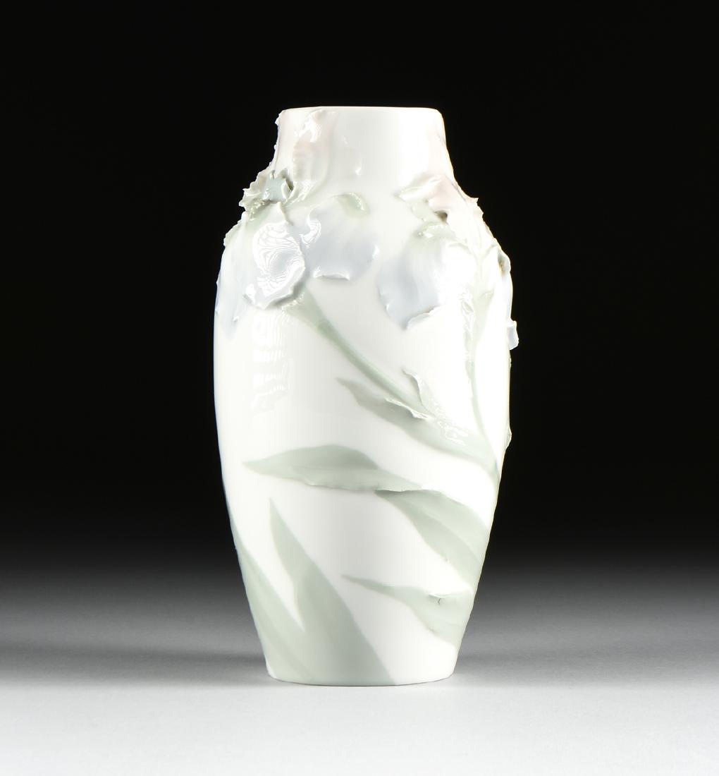 A RORSTRAND PÂTE-SUR-PÂTE POLYCHROME ENAMEL DECORATED: A RORSTRAND PÂTE-SUR-PÂTE POLYCHROME ENAMEL DECORATED PORCELAIN "IRIS" VASE, STOCKHOLM, SWEDEN, CIRCA 1900, of baluster form in white porcelain with built up relief decoration of bearded iris buds,