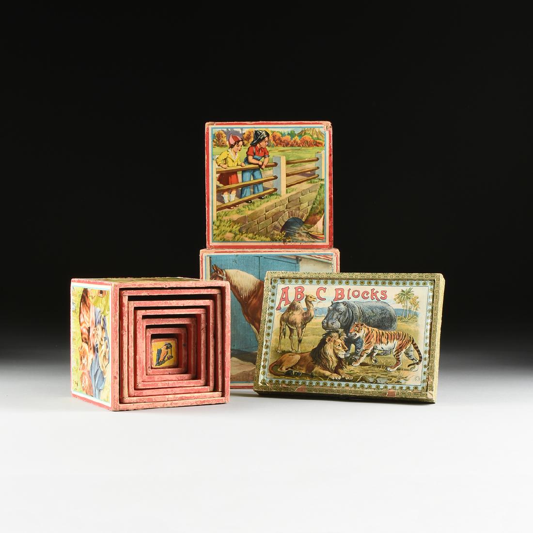 A GROUP OF TWO WWII ERA GERMAN OFFSET LITHOGRAPH WOOD: A GROUP OF TWO WWII ERA GERMAN OFFSET LITHOGRAPH WOOD NESTING BLOCK AND PUZZLE BLOCK TOYS, 1935-1945, comprising a nest of nine stacking blocks, with images of children at play, experiencing leisure, 