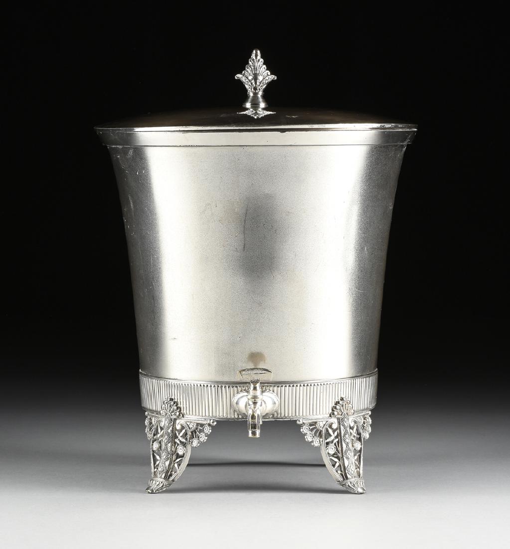A JAMES W. TUFTS LARGE SILVER PLATE COVERED COLD WATER: A JAMES W. TUFTS LARGE SILVER PLATE COVERED COLD WATER URN, BOSTON, MASSACHUSETTS, CIRCA 1880-1900, of tapering cylindrical form, the cover of slightly domed form surmounted by a stylized floral bloss