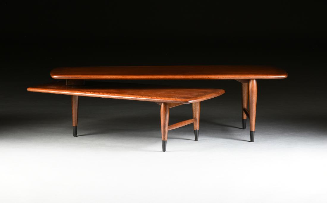 A MID CENTURY MODERN LANE WALNUT AND OAK ARTICULATED: A MID CENTURY MODERN LANE WALNUT AND OAK ARTICULATED COFFEE TABLE, DESIGNED BY ANDRE BUS, ACCLAIM SERIES, STAMPED, 1963, the rounded rectangular bull nose edged top, centering a conforming inlaid pane