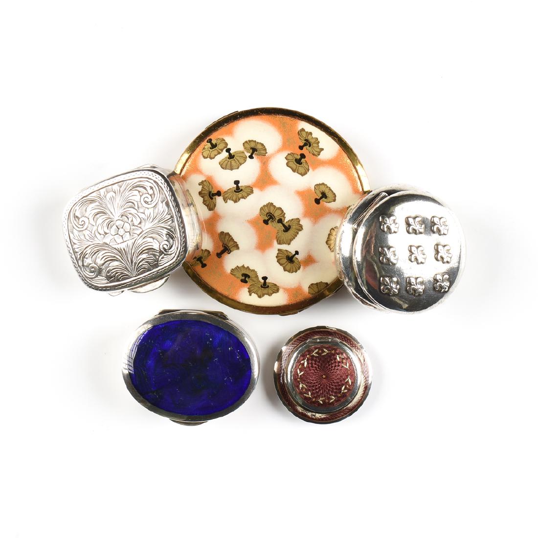 A GROUP OF FIVE DIMINUTIVE BOXES CIRCA 1900-1950,: A GROUP OF FIVE DIMINUTIVE BOXES CIRCA 1900-1950, comprising a gilt base metal compact designed by Suzanne Lalique-Haviland (French 1892-1989) for Francois Coty, circa 1910, with enamel inset top of b