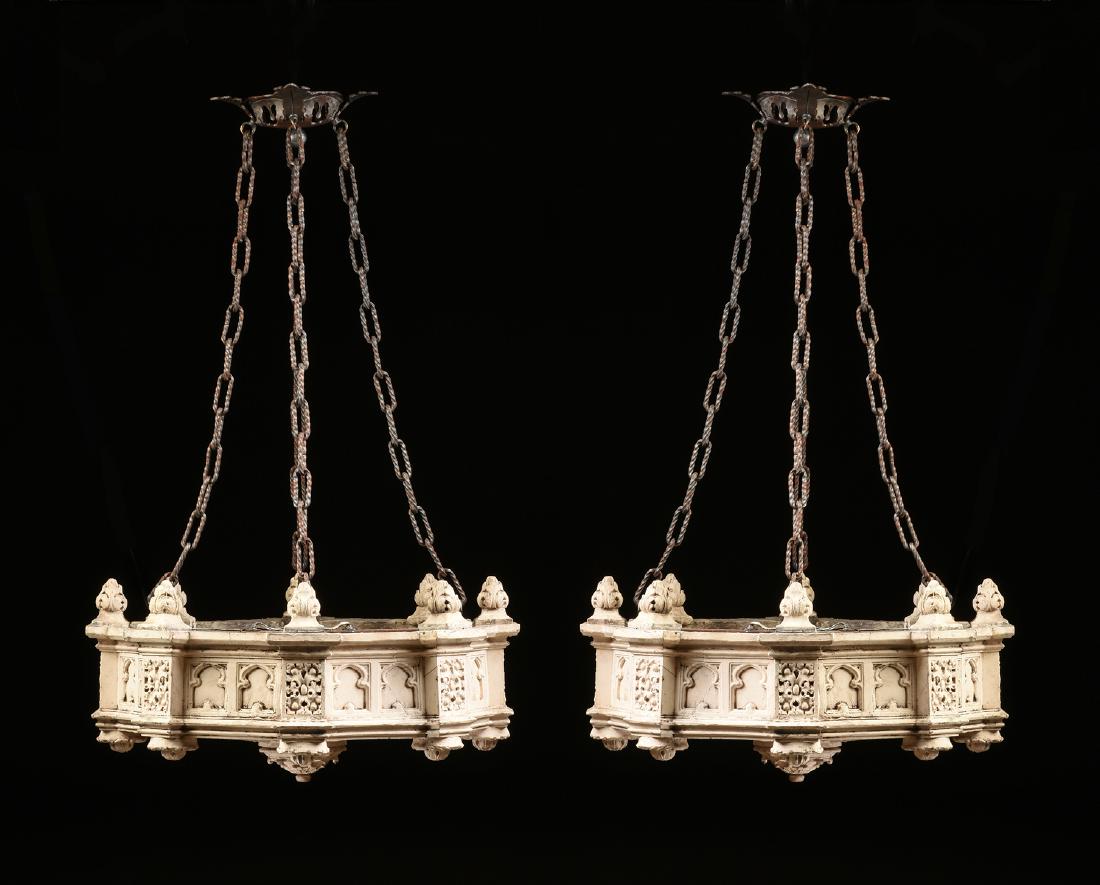 A PAIR OF NEO GOTHIC REVIVAL WHITE PAINTED TERRACOTTA: A PAIR OF NEO GOTHIC REVIVAL WHITE PAINTED TERRACOTTA CEILING LIGHT PENDANTS, 20TH CENTURY, each with a modern cast iron foliate form ceiling plate, having chain links suspending the octagonal form bo