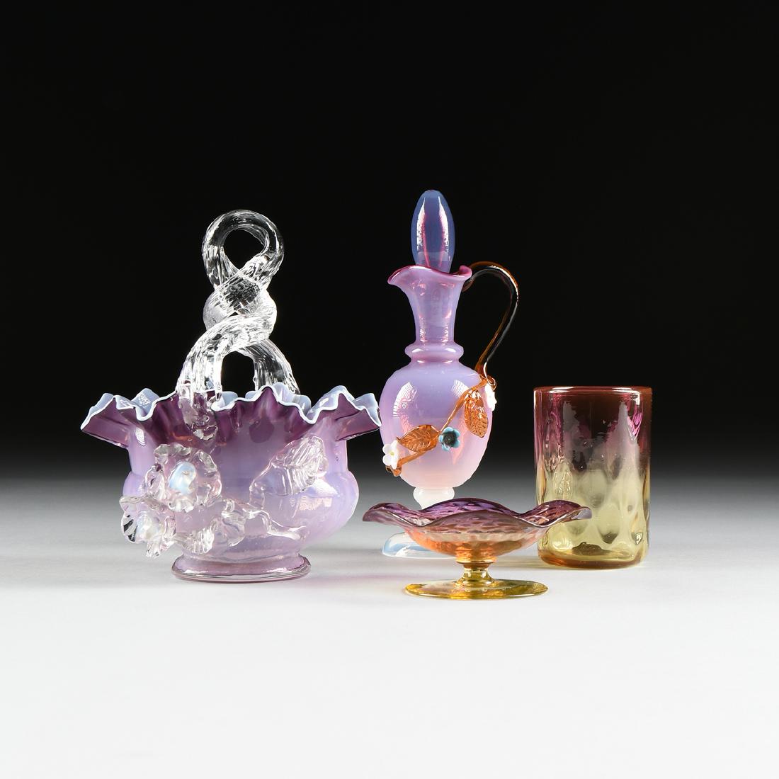 A GROUP OF FOUR ALEXANDRITE ART GLASS VESSELS,: A GROUP OF FOUR ALEXANDRITE ART GLASS VESSELS, STOURBRIDGE, ENGLAND, CIRCA 1880-1900, comprising a ruffled glass compote with honeycomb patterned bowl on pedestal attributed to Thomas Webb & Sons, the