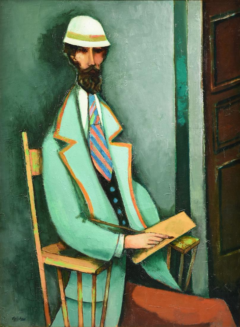 DAVID ADICKES (American b. 1927) A PAINTING,: DAVID ADICKES (American b. 1927) A PAINTING, "Gentleman Seated and Writing," acrylic on canvas mounted to board, signed L/L. 47 1/2" x 35"