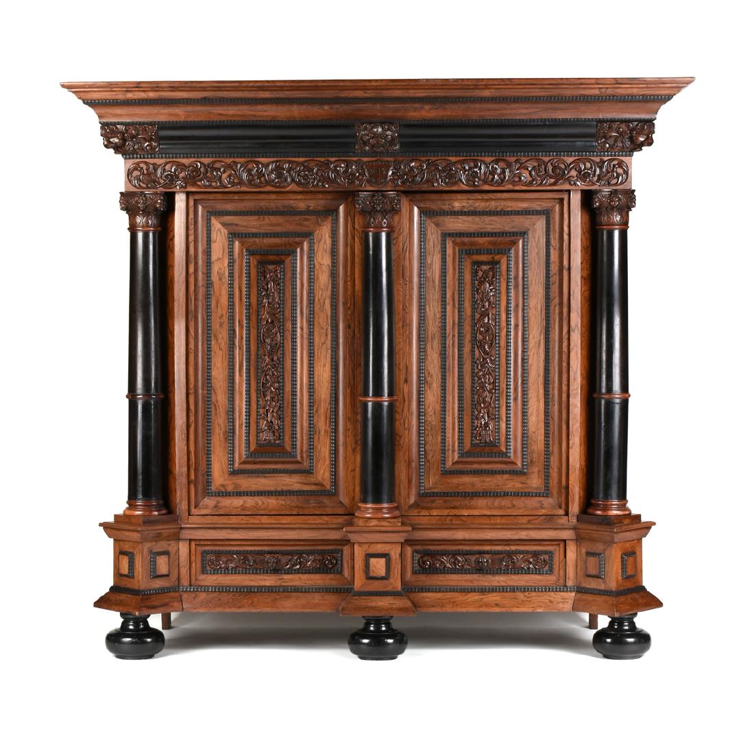 A DUTCH ROSEWOOD, MAHOGANY, AND EBONIZED WOOD: A DUTCH ROSEWOOD, MAHOGANY, AND EBONIZED WOOD "KUSSENKAST" (CUSHION CABINET), PROBABLY AMSTERDAM, CIRCA 1650-1700, of overall rectangular form, the collapsable cabinet of mortise and tenon constructio