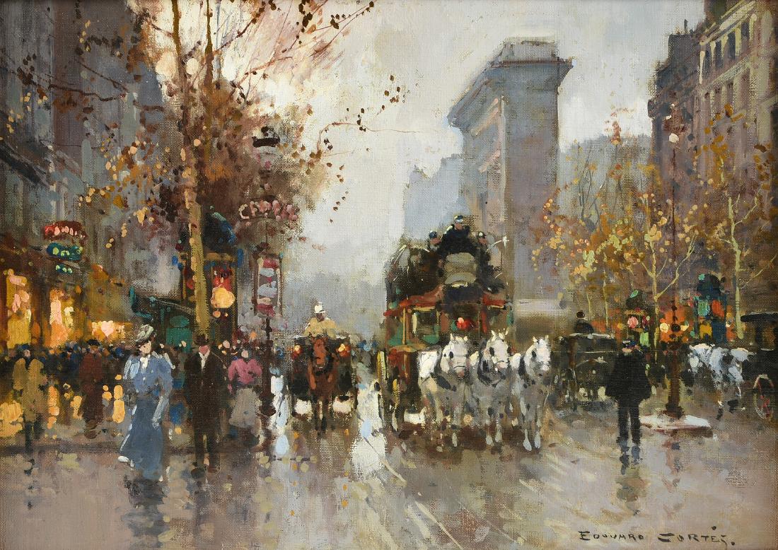 ÉDOUARD CORTÈS (French 1882-1969) A PAINTING, "Porte: ÉDOUARD CORTÈS (French 1882-1969) A PAINTING, "Porte Saint Denis, Paris," oil on canvas, signed L/R. 13" x 18"