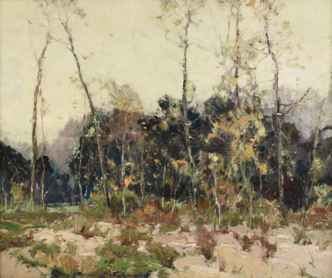 CHAUNCEY FOSTER RYDER (American 1868-1949) A PAINTING,: CHAUNCEY FOSTER RYDER (American 1868-1949) A PAINTING, "Borderline Thicket," oil on canvas laid to board, signed L/C. 25" x 30"