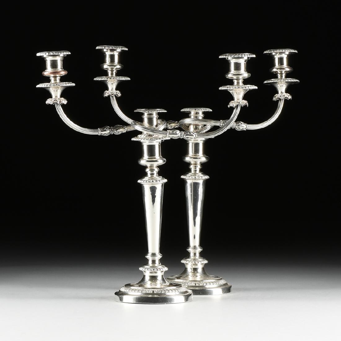 A PAIR OF MATTHEW BOULTON (British 1728-1809) STERLING: A PAIR OF MATTHEW BOULTON (British 1728-1809) STERLING SILVER AND SILVER PLATE CONVERTIBLE THREE LIGHT CANDELABRA / CANDLESTICKS, BIRMINGHAM, ENGLAND, 1797, each weighted sterling silver candlestick w
