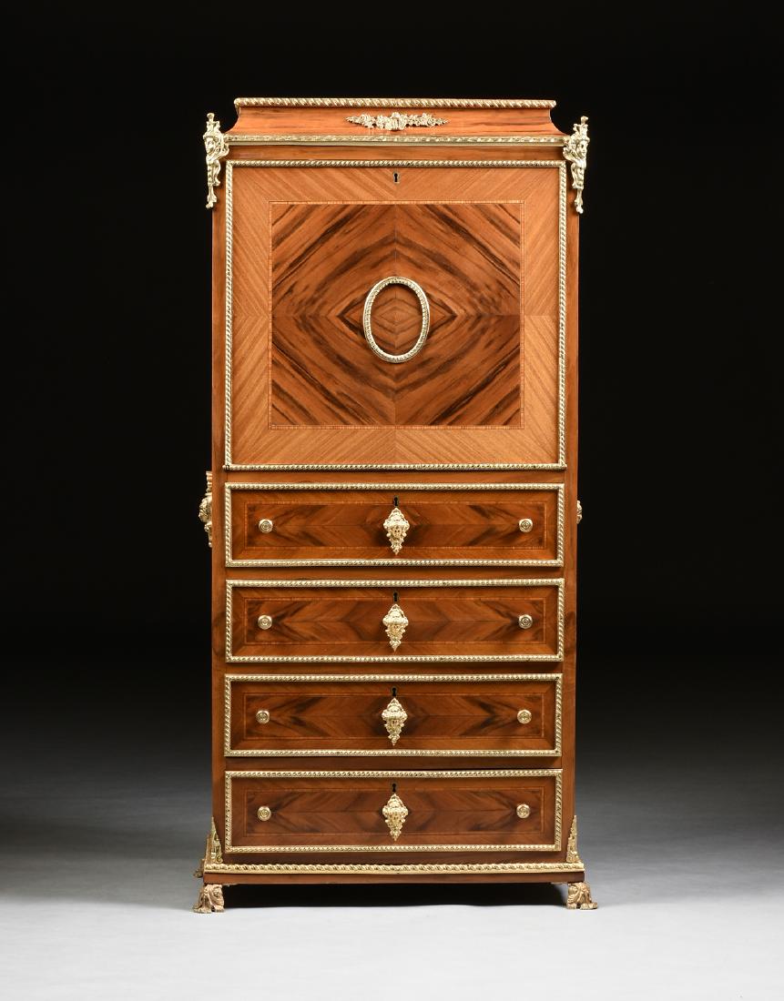 A BELLE ÉPOQUE STYLE ORMOLU MOUNTED INLAID MAHOGANY AND: A BELLE ÉPOQUE STYLE ORMOLU MOUNTED INLAID MAHOGANY AND ROSEWOOD SECRÉTAIRE À ABATTANT DRY BAR, MID 20TH CENTURY, in the Louis XVI taste, the cavetto molded, rectangular top, over a fall front, qua