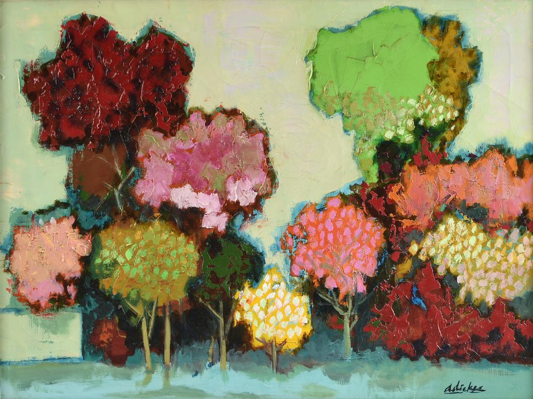 DAVID ADICKES (American b. 1927) A PAINTING, "Trees,": DAVID ADICKES (American b. 1927) A PAINTING, "Trees," oil on canvas, signed L/R. 18" x 24"