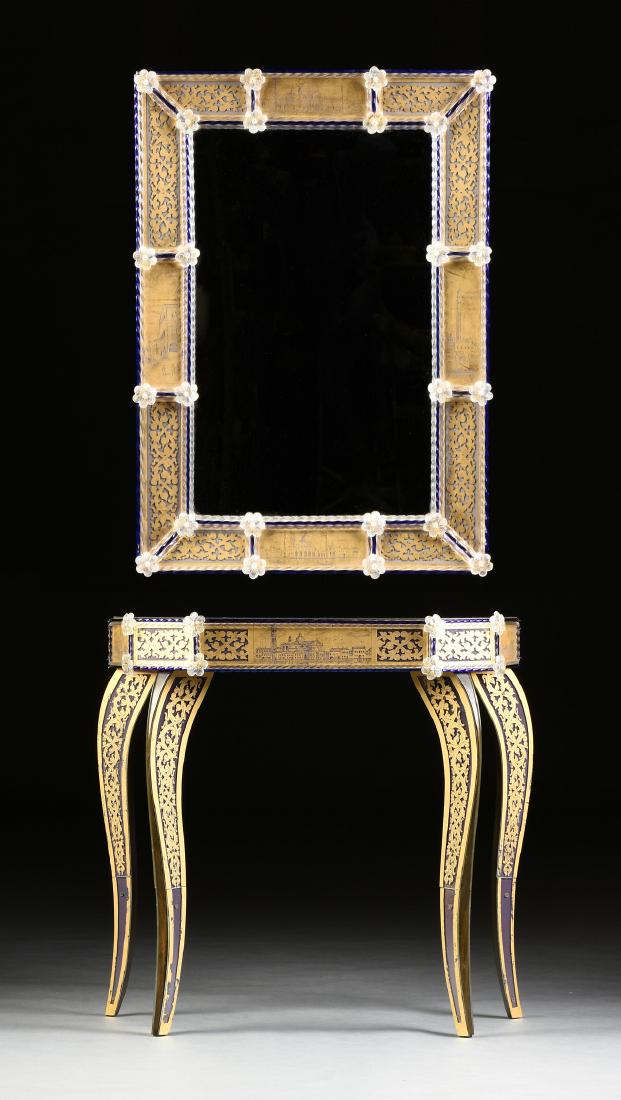 AN ITALIAN MODERN PARCEL GILT MIRRORED COBALT AND CLEAR: AN ITALIAN MODERN PARCEL GILT MIRRORED COBALT AND CLEAR GLASS MOUNTED PIER MIRROR AND TABLE, LAST HALF 20TH CENTURY, the cushion style mirror over a restrained Louis XV style console table, each encru