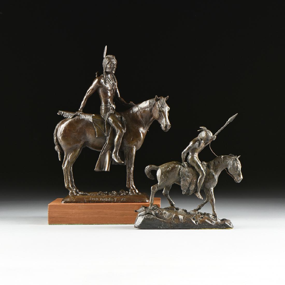 J.B. "BUCK" BRUMLEY (American/Texas 1938-2013) TWO: J.B. "BUCK" BRUMLEY (American/Texas 1938-2013) TWO SCULPTURES, "He Kills Twice," and "Untitled, Indian on Horse," both in cast patinated bronze, "He Kills Twice" signed, titled, dated "1973," and numb