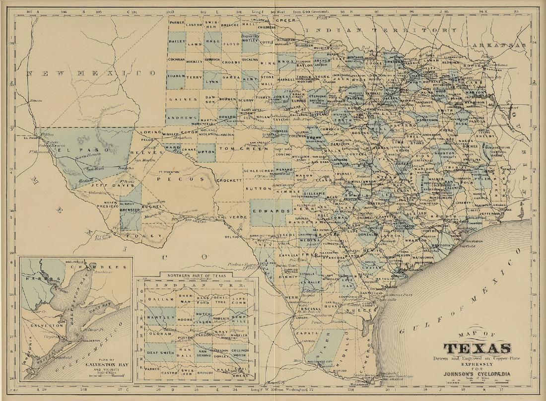 AN ANTIQUE MAP, "Map of Texas,": AN ANTIQUE MAP, "Map of Texas," hand color and ink on paper, "Drawn and Engraved on Copper-Plate Express for Johnson's Cyclopaedia." 9" x 12"
