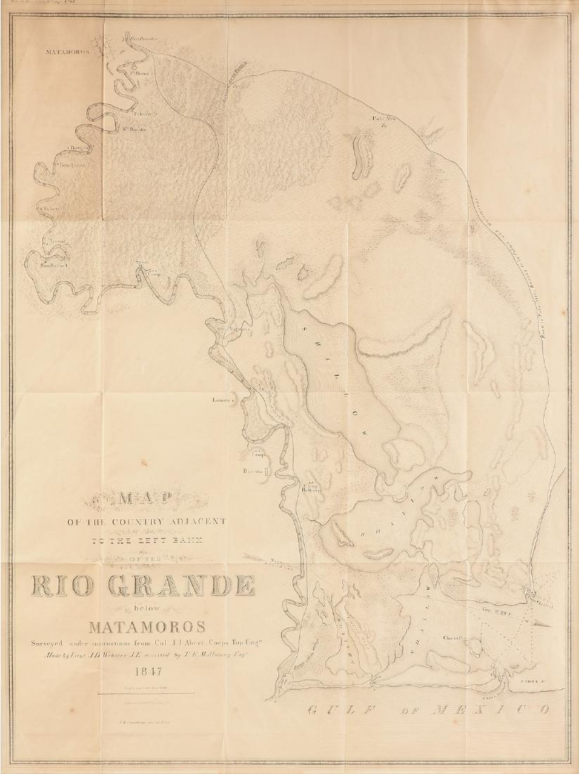 AN ANTIQUE MAP, "Map of the Country Adjacent to the: AN ANTIQUE MAP, "Map of the Country Adjacent to the Left Bank of the Rio Grande, Below Matamoros," 1847, ink on paper, a military map of Southern Texas, for use originally during the Mexican War, incl