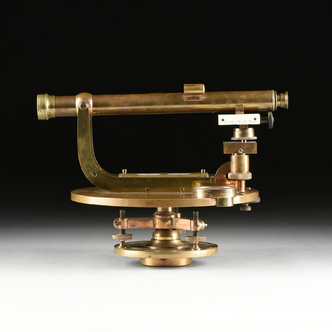 AN ANTIQUE BRASS SURVEYOR'S TRANSIT THEODOLITE, MID: AN ANTIQUE BRASS SURVEYOR'S TRANSIT THEODOLITE, MID 19TH CENTURY, with adjustable telescope, on an adjustable elevation above a glass tube level, with meter dials for inches, feet and yards, set on a 