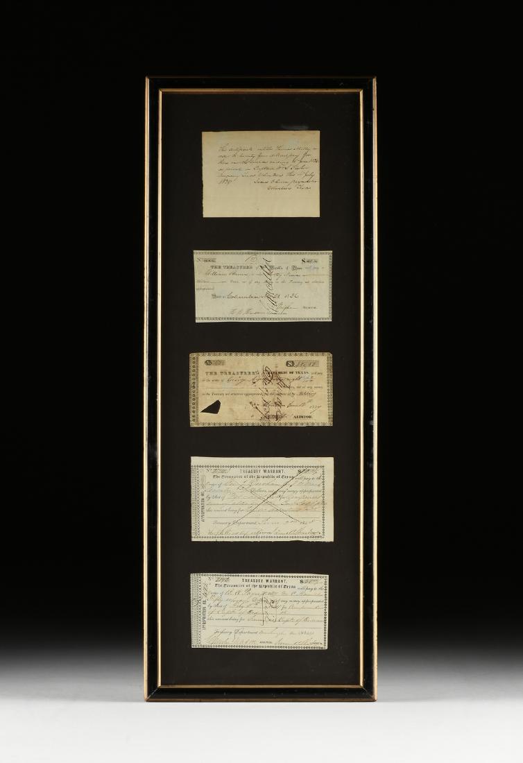 A GROUP OF FIVE REPUBLIC OF TEXAS HAND SIGNED: A GROUP OF FIVE REPUBLIC OF TEXAS HAND SIGNED DOCUMENTS, 1836-1846, presented as a framed collection, from the top down: a military pay voucher to Thomas Metty for Service in the Texas Volunteers, Jul