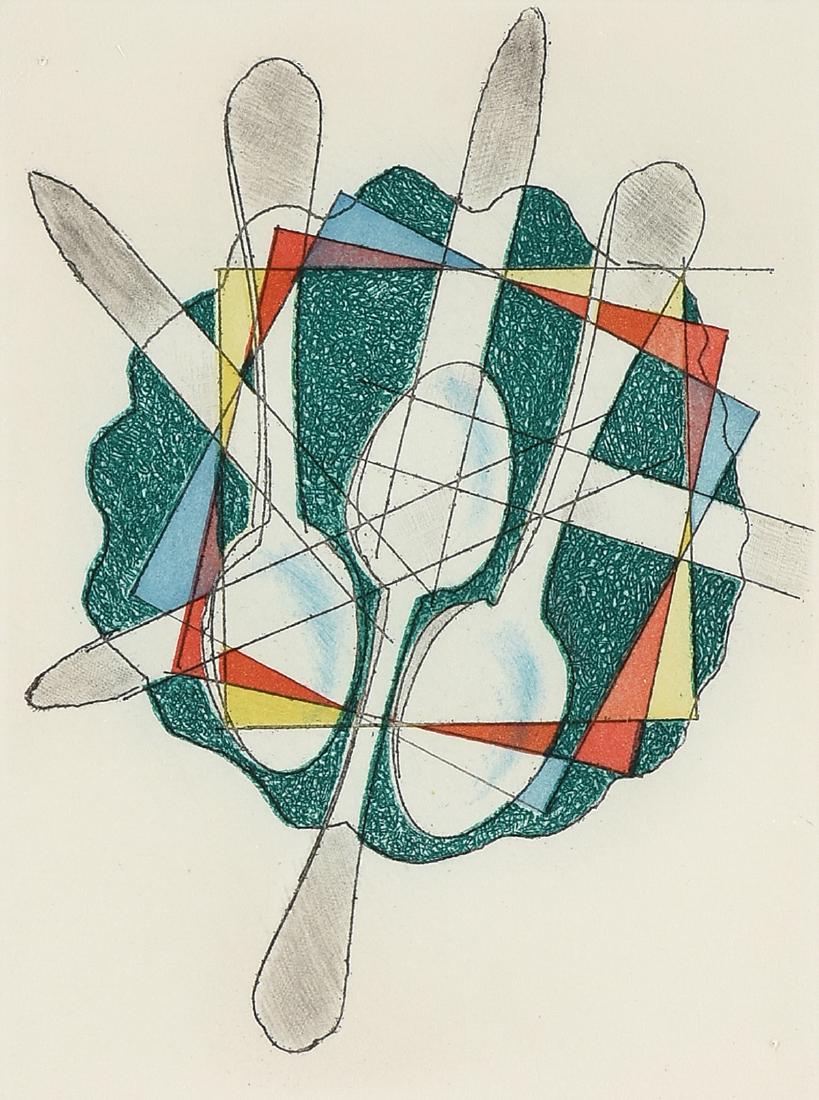 MAN RAY (American/French 1890-1976) A PRINT,: MAN RAY (American/French 1890-1976) A PRINT, "Découvert," FROM THE ELECTRO-MAGIE SERIES, CIRCA 1972, aquatint in colors on wove paper, signed in pencil L/R, numbered III/XXV. Plate: 7.25" x 5.375", s