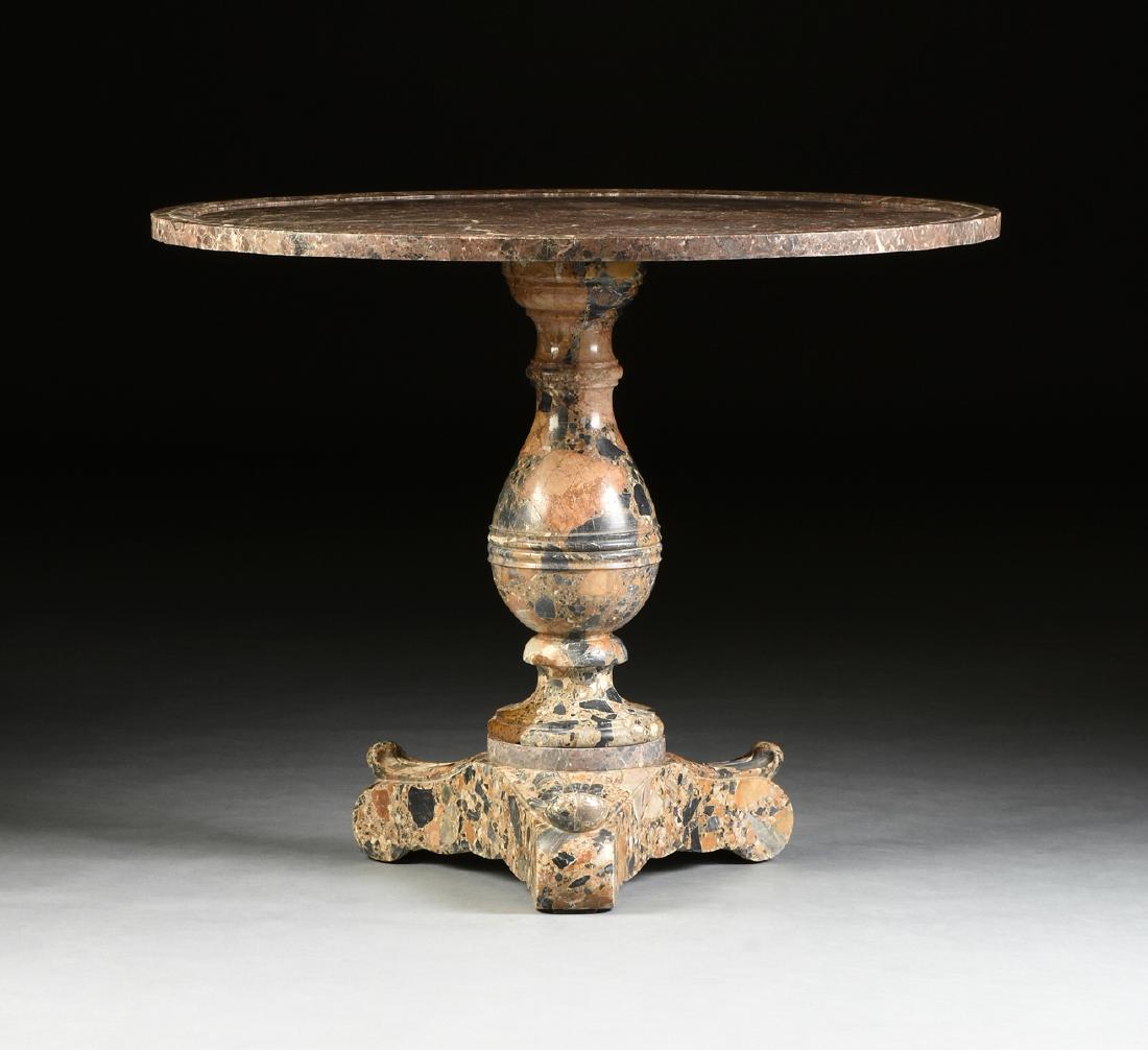A FRENCH EMPIRE STYLE BRÈCHE DE MÉDOUS AND BRÈCHE: A FRENCH EMPIRE STYLE BRÈCHE DE MÉDOUS AND BRÈCHE NOUVELLE MARBLE PEDESTAL TABLE, MID 19TH CENTURY, in the Neoclassical taste, the circular dished top over a ring turned baluster pedestal, above a