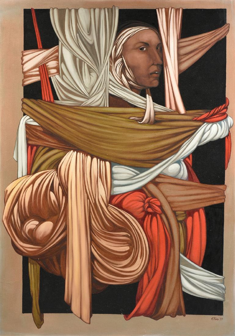 OTIS DARE HUBAND JR (American/Texas b. 1933) A: OTIS DARE HUBAND JR (American/Texas b. 1933) A PAINTING, "The Secret," CIRCA 1977, oil on canvas, signed and dated L/L. 50" x 40"