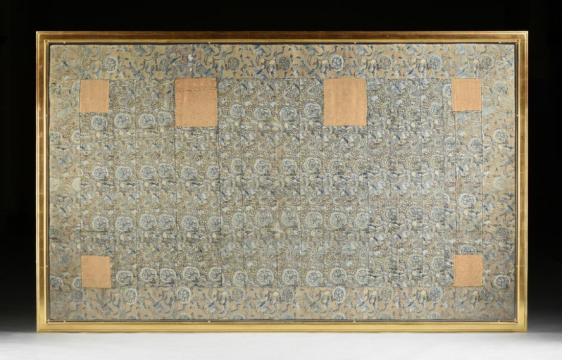 AN ANTIQUE JAPANESE BUDDHIST PRIEST SILK BROCADE KESA: AN ANTIQUE JAPANESE BUDDHIST PRIEST SILK BROCADE KESA ROBE, 18TH/19TH CENTURY, the rectangular picture frame form border enclosing vertical panels and all beautifully woven in deep blue, pale blue and