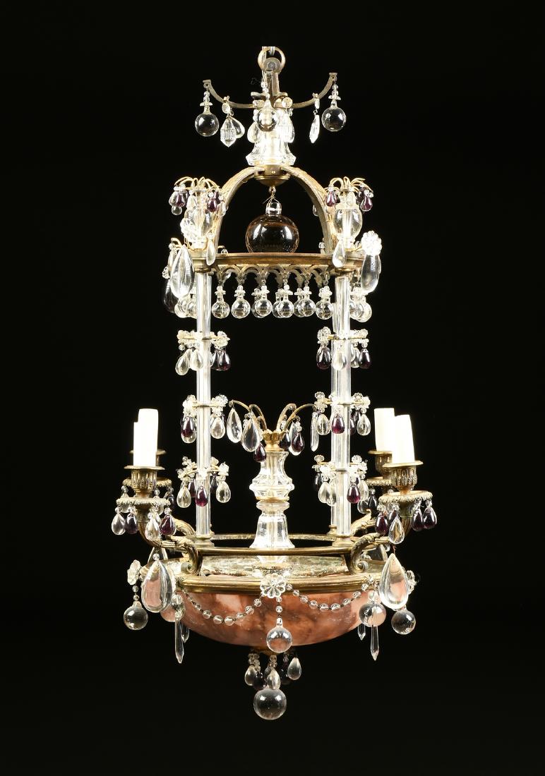 A LATE BELLE ÉPOQUE ALABASTER, GILT BRONZE AMETHYST: A LATE BELLE ÉPOQUE ALABASTER, GILT BRONZE AMETHYST PEACH AND CLEAR GLASS FIVE LIGHT CHANDELIER, EARLY 20TH CENTURY, in the Neoclassical taste, the domed, birdcage form top, centering a plump art gla