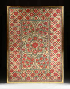 AN ANTIQUE UZBEKISTANI RED AND COLORFUL SILK: AN ANTIQUE UZBEKISTANI RED AND COLORFUL SILK EMBROIDERED SUZANI, NURATA DISTRICT, THIRD QUARTER 19TH CENTURY, of rectangular form and centering a large eight petal floral star motif with each petal fr