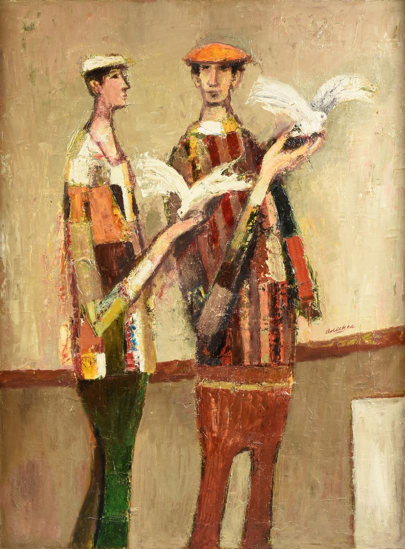 DAVID ADICKES (American/Texas b. 1927) A PAINTING, "Two: DAVID ADICKES (American/Texas b. 1927) A PAINTING, "Two Men, Two Birds," CIRCA 1960, oil on masonite, signed C/R, verso on frame, the artist's a paper label. 30" x 40" Provenance: "Adickes Studio," Ho