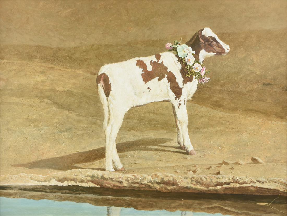 KERMIT OLIVER (American/Texas b. 1943) A PAINTING,: KERMIT OLIVER (American/Texas b. 1943) A PAINTING, "Katie Garlanded," 1976, acrylic on masonite, signed L/L, verso titled, signed, and dated. 30 1/4" x 40" Provenance: DuBose Gallery, Houston, Texas