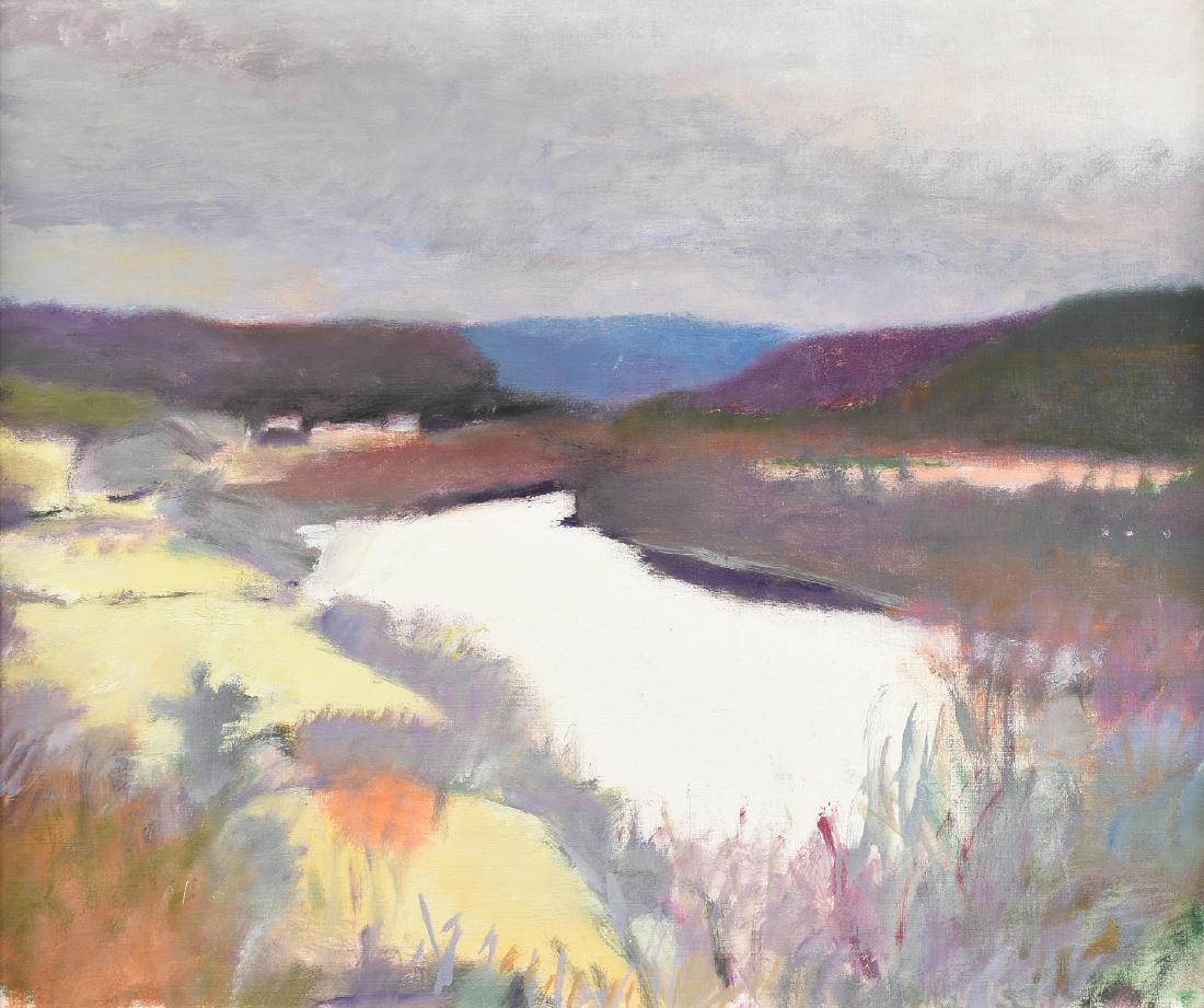 WOLF KAHN (German/American b. 1927) A PAINTING, "Bend: WOLF KAHN (German/American b. 1927) A PAINTING, "Bend in the River" oil on canvas, signed L/R "W Kahn," verso a paper gallery label. 26" x 31" Provenance: Meredith Long & Company, Houston, Texas.