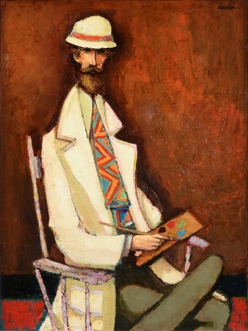 DAVID ADICKES (American/Texas b. 1927) A PAINTING,: DAVID ADICKES (American/Texas b. 1927) A PAINTING, "Artist in White Smock on Brown," oil on board, signed U/R, "Adickes." 48" x 36"