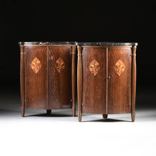 A PAIR OF ART DECO MARBLE TOPPED MARQUETRY INLAID: A PAIR OF ART DECO MARBLE TOPPED MARQUETRY INLAID AMARANTH VENEERED ENCOIGNURES, LEON JALLOT (French 1874-1967) AND MAURICE JALLOT (French 1900-1967), PARIS, FRANCE, CIRCA 1925, the bow front corner c