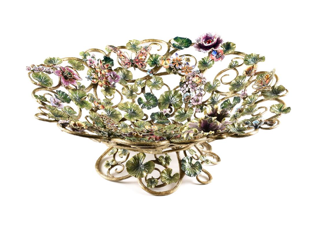 JAY STRONGWATER (American b. 1960) A JEWELED AND: JAY STRONGWATER (American b. 1960) A JEWELED AND ENAMELED BRASS BOWL, "Claudette Floral Butterfly Bowl," modeled as a reticulated and polychrome enameled brass scrolls centerpiece bowl, entwined with 