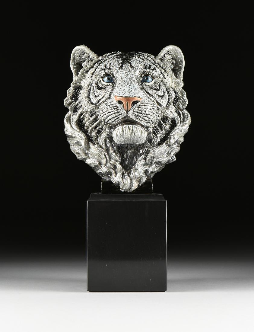 JAY STRONGWATER (American b. 1960) A JEWELED ALUMINUM: JAY STRONGWATER (American b. 1960) A JEWELED ALUMINUM TIGER'S BUST, "Monroe," modeled as a brass plated and polychrome enameled aluminum bust of a tiger, covered throughout with over 10,000 handset Sw