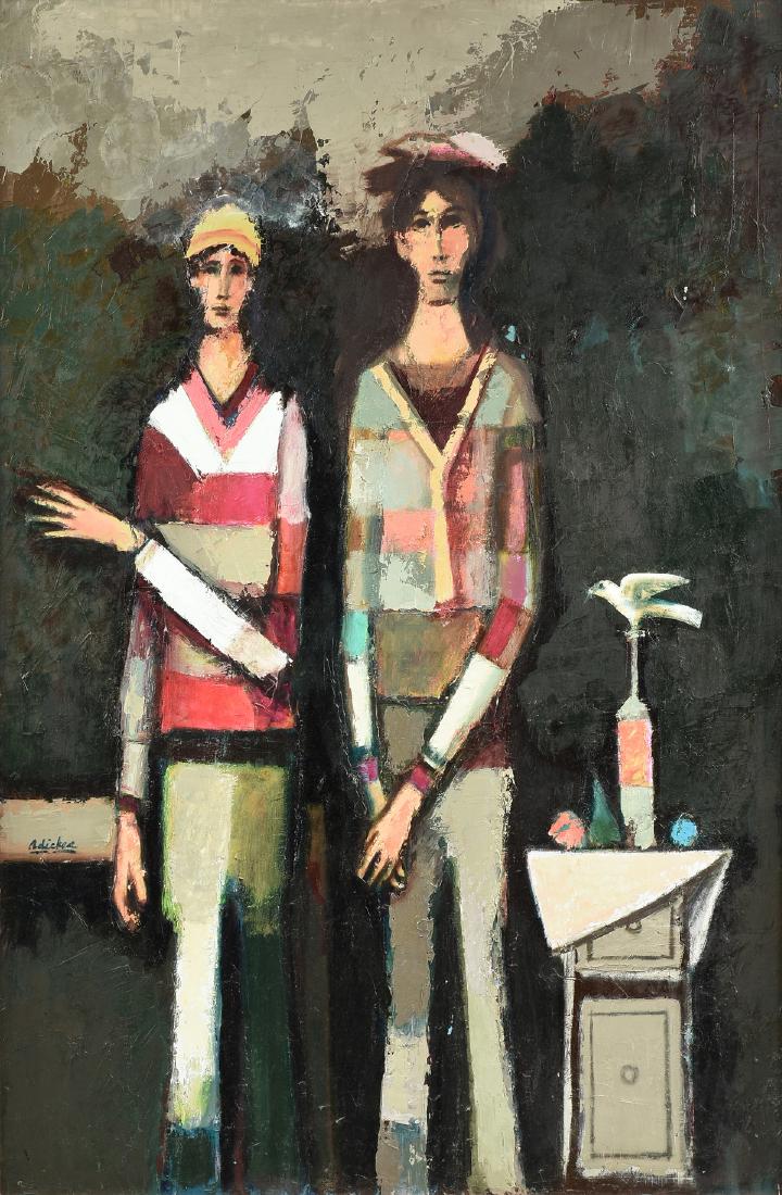 DAVID ADICKES (American/Texas b. 1927) A PAINTING, "Two: DAVID ADICKES (American/Texas b. 1927) A PAINTING, "Two Figures," oil on board, signed L/L, "Adickes." 40" x 26.75"