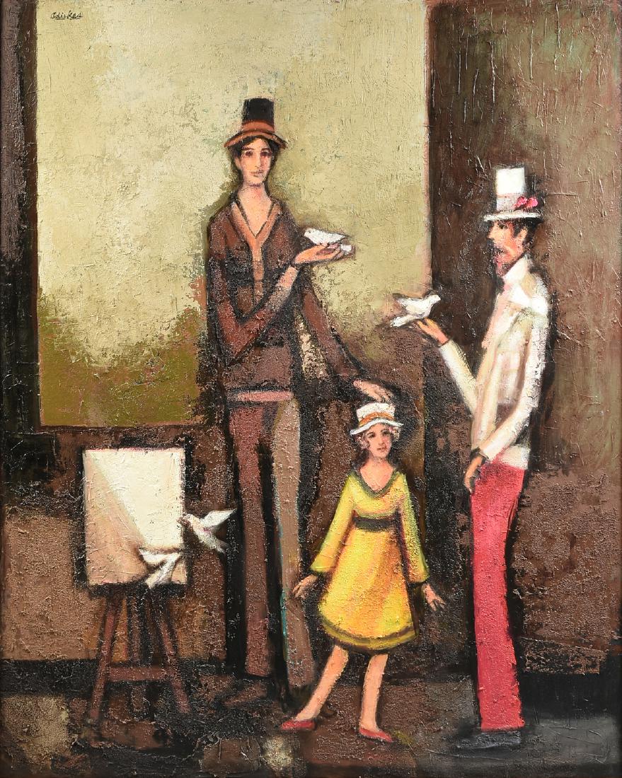 DAVID ADICKES (American/Texas b. 1927) A PAINTING,: DAVID ADICKES (American/Texas b. 1927) A PAINTING, "Three Figures with Birds and a Canvas," oil on canvas, signed U/L. 60" x 48"