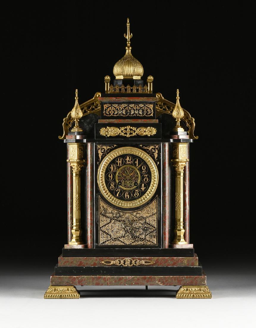 A NAPOLEON III ORIENTALIST GILT BRONZE MOUNTED BLACK: A NAPOLEON III ORIENTALIST GILT BRONZE MOUNTED BLACK AND VARIEGATED MARBLES MANTLE CLOCK, 1853-1871, in the Neo Mamluk style with a rectangular case body surmounted by a hexagonal onion dome supportin
