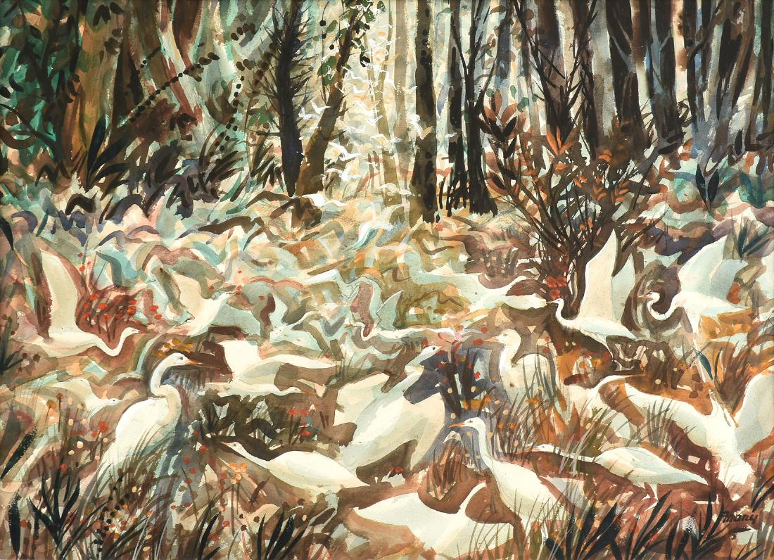 MICHAEL FRARY (American/Texas 1918-2005) A PAINTING,: MICHAEL FRARY (American/Texas 1918-2005) A PAINTING, "Egrets in the Sun," CIRCA 1979, watercolor and gouache on paper, signed L/R, verso titled and dated. 21" x 29" Note: Not examined removed from fra