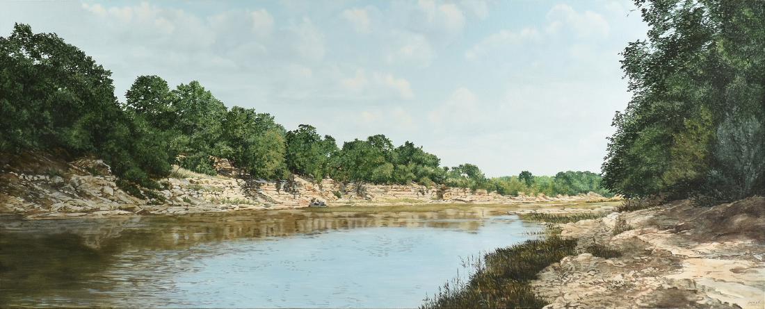 NANCY CONRAD (American b.1940) A PAINTING, "Sun on the: NANCY CONRAD (American b. 1940) A PAINTING, "Sun on the North Bank," CIRCA 1984, oil on canvas, signed L/R, "Conrad," verso paper label. 24" x 60"