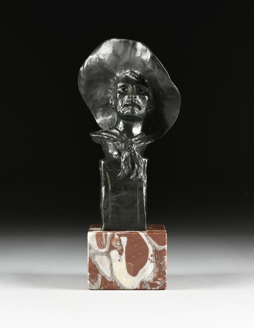 After FREDERIC REMINGTON (AMERICAN 1861-1909) A BRONZE: After FREDERIC REMINGTON (AMERICAN 1861-1909) A BRONZE SCULPTURE, "THE SERGEANT," a patinated cast bronze bust, inscribed artist's signature on left side, verso inscribed, "Copyright by Frederic Remin