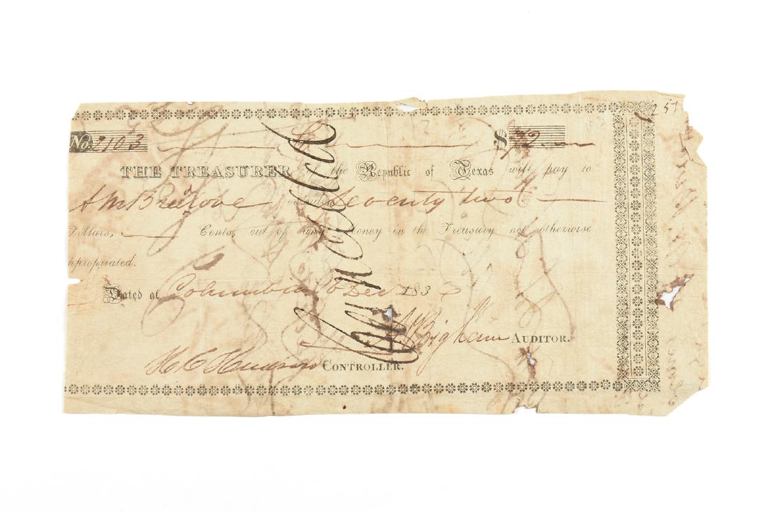 A RARE REPUBLIC OF TEXAS TREASURY NOTE,: A RARE REPUBLIC OF TEXAS TREASURY NOTE, issued to A.W. Breedlove for $72 for services in the Battle of San Jacinto dated Columbia, December 6, 1836 and signed Asa Brigham, a signer of the Texas Declar