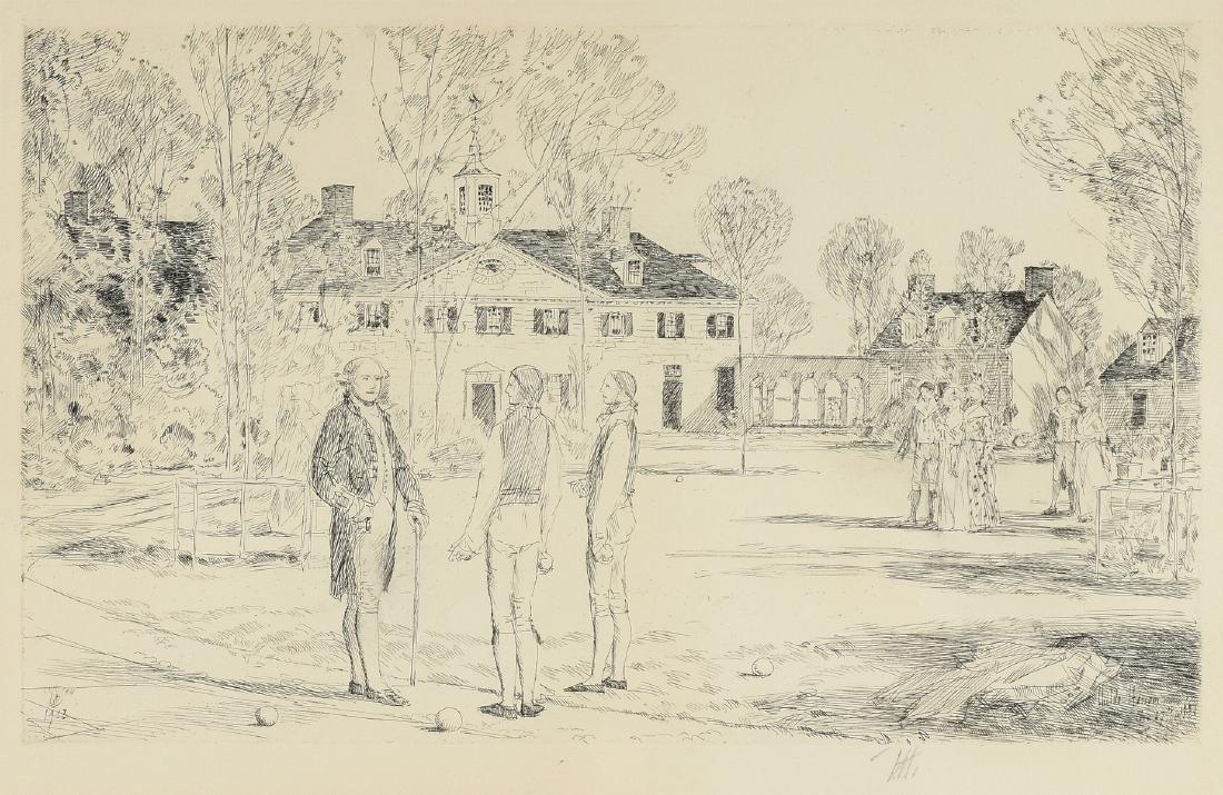 after CHILDE HASSAM (American 1859-1935) A PRINT,: after CHILDE HASSAM (American 1859-1935) A PRINT, "Bowling on the Green," an etching on paper, signed in pencil in monogram L/L, and signed and dated in plate "Childe Hassam Nov. 27, 1931." 13.25" x 8