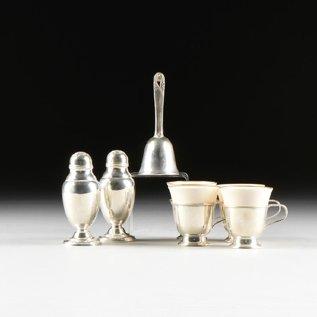 AN ELEVEN PIECE GROUP OF INTERNATIONAL STERLING SILVER: AN ELEVEN PIECE GROUP OF INTERNATIONAL STERLING SILVER ITEMS IN THE "Spring Glory" PATTERN, MERIDEN, CONNECTICUT, DESIGNED 1942, comprising four demitasse frames with gilt rimmed cream colored Francis