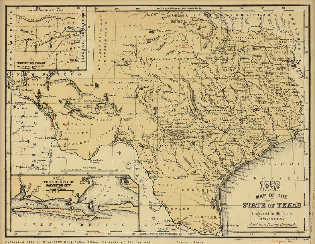 A VINTAGE MAP, "1852 Map of the State of Texas," MID: A VINTAGE MAP, "1852 Map of the State of Texas," MID 20TH CENTURY, ink on paper, "Published 1961, by Highlands Historical Press, Facsimile of the Original, Dallas, Texas." 8" x 11"