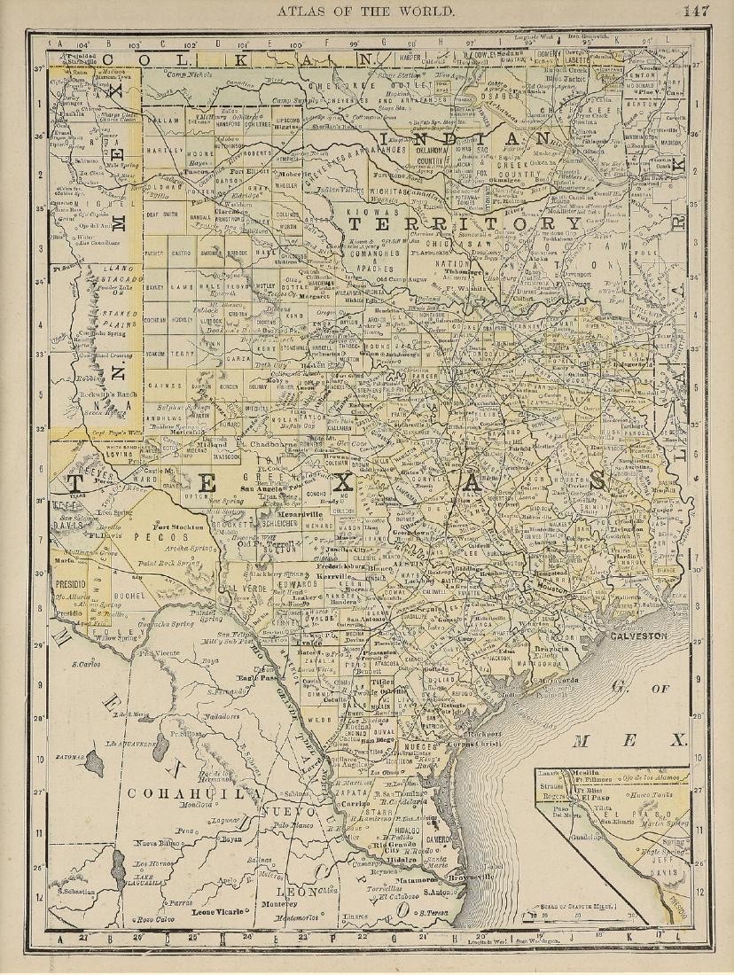AN ANTIQUE MAP, "Vertical Map of Texas," LATE: AN ANTIQUE MAP, "Vertical Map of Texas," LATE 19TH/EARLY 20TH CENTURY, ink on paper, showing railroad lines, counties and Indian territories. 13" x 10" Note: After Rand McNally's 1876, Jones and Hamil