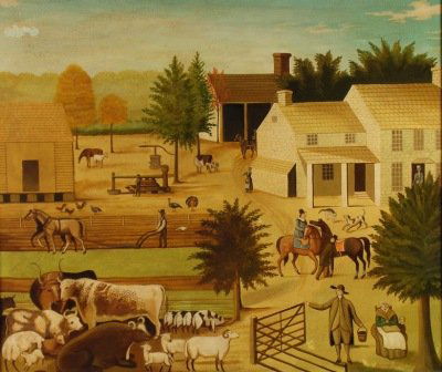 WILLIAM E. SKILLING (American 1892-1964) A PAINTIN: WILLIAM E. SKILLING (American 1892-1964) A PAINTING, "Landscape with Farm Scene After Edward Hicks," oil on canvas, signed. 35 1/4" x 42". Framed.