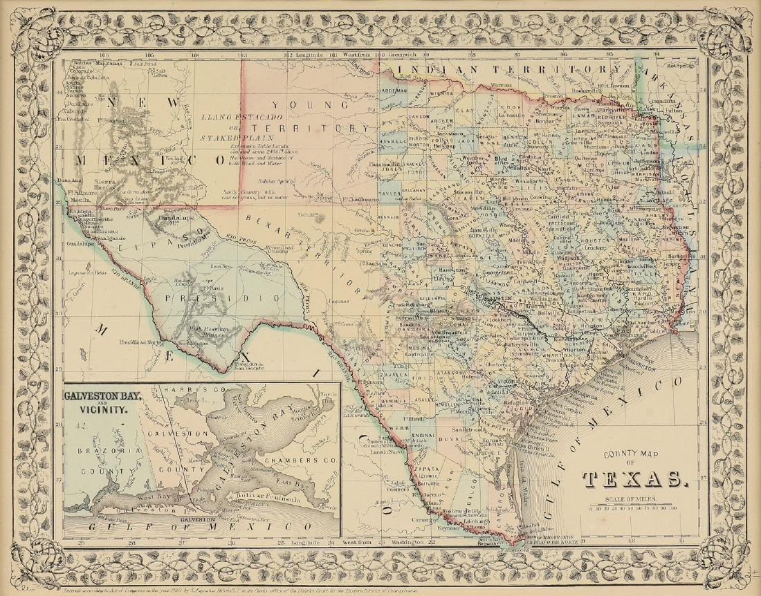 AN ANTIQUE MAP, "County Map of Texas,": AN ANTIQUE MAP, "County Map of Texas," hand colored engraving on paper, "Entered, according to Act of Congress in the year 1867, by S. Augustus Mitchell Jr., in the Clerks Office of the District Court