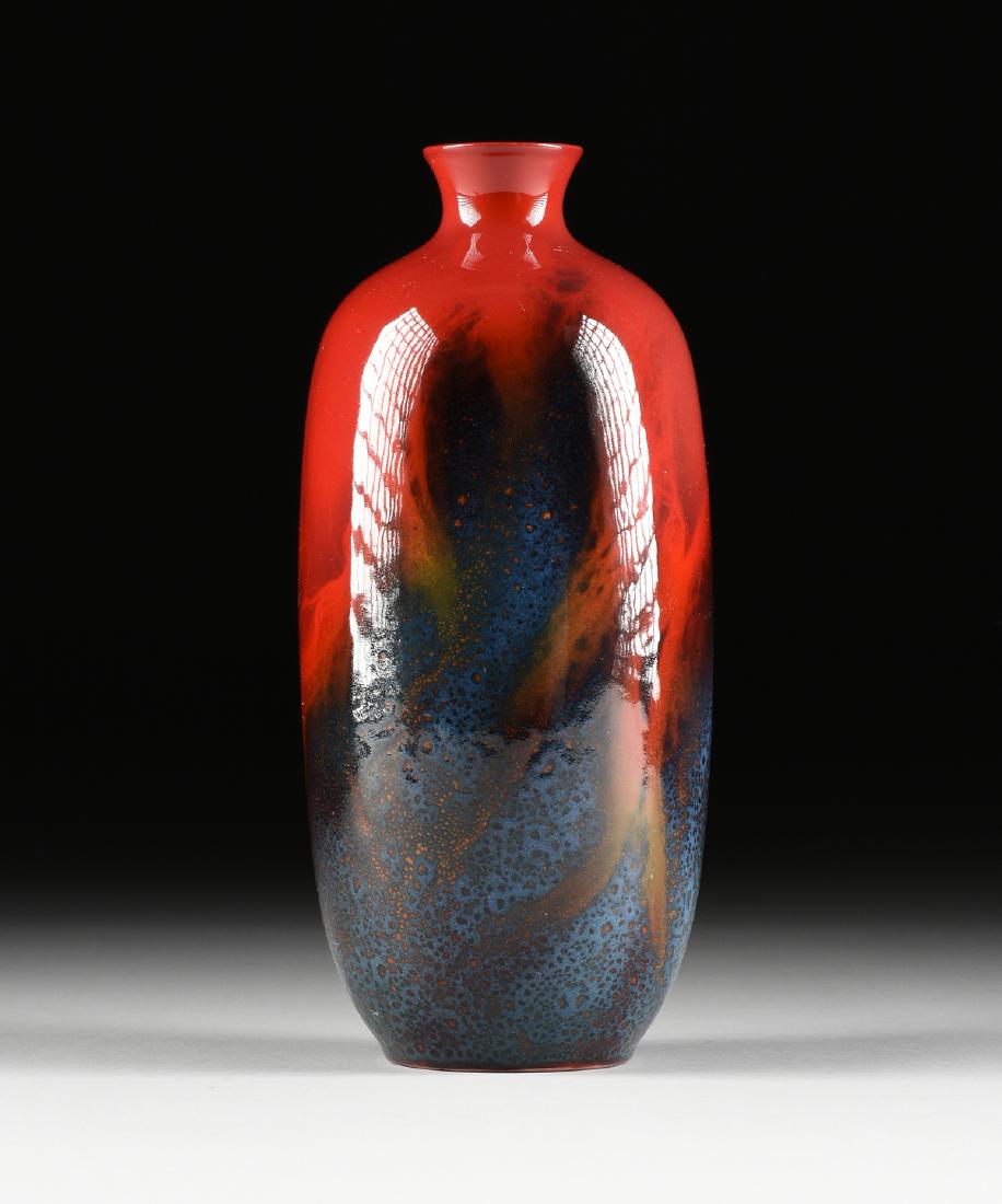 A ROYAL DOULTON RED "FLAMBÉ VEINED" VASE, BLACK PRINTED: A ROYAL DOULTON RED "FLAMBÉ VEINED" VASE, BLACK PRINTED AND INCISED MARKS, 20TH CENTURY, the gently flaring short neck with a rounded rim and an elongated ovoid body, unevenly covered in ox blood red