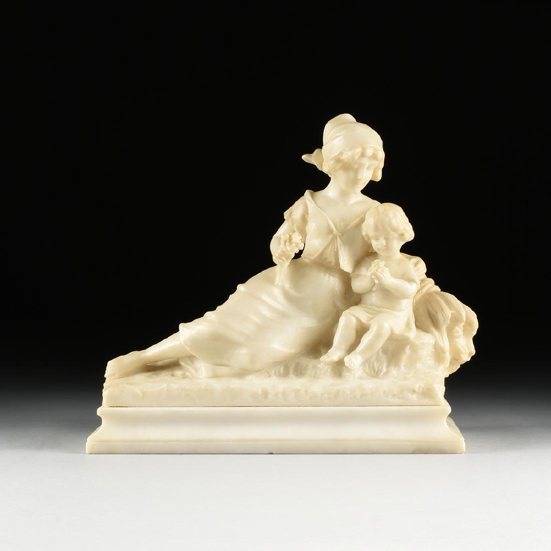 JEAN LOUIS GRÉGOIRE (French 1830-1900) A MARBLE: JEAN LOUIS GRÉGOIRE (French 1830-1900) A MARBLE SCULPTURE, "Motherhood," carved white alabaster mother and child holding floral bouquets and seated on stylized groundwork, verso signed, "L. Grégoir