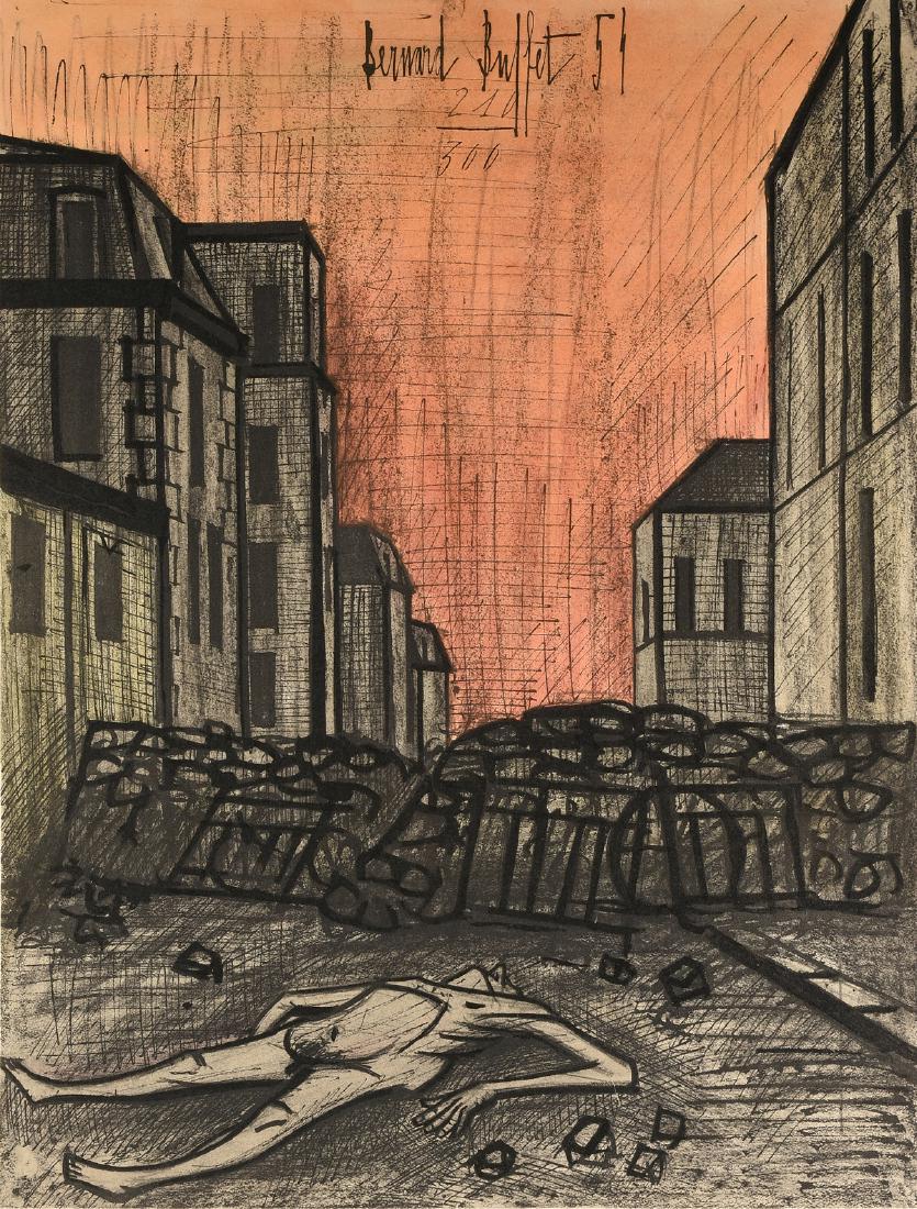 after BERNARD BUFFET (French 1928-1999) A PRINT,: after BERNARD BUFFET (French 1928-1999) A PRINT, "Barricades," CIRCA 1954, color lithograph on Arches paper, signed and dated in plate, hand numbered 210/300. 22.25" x 17.125"