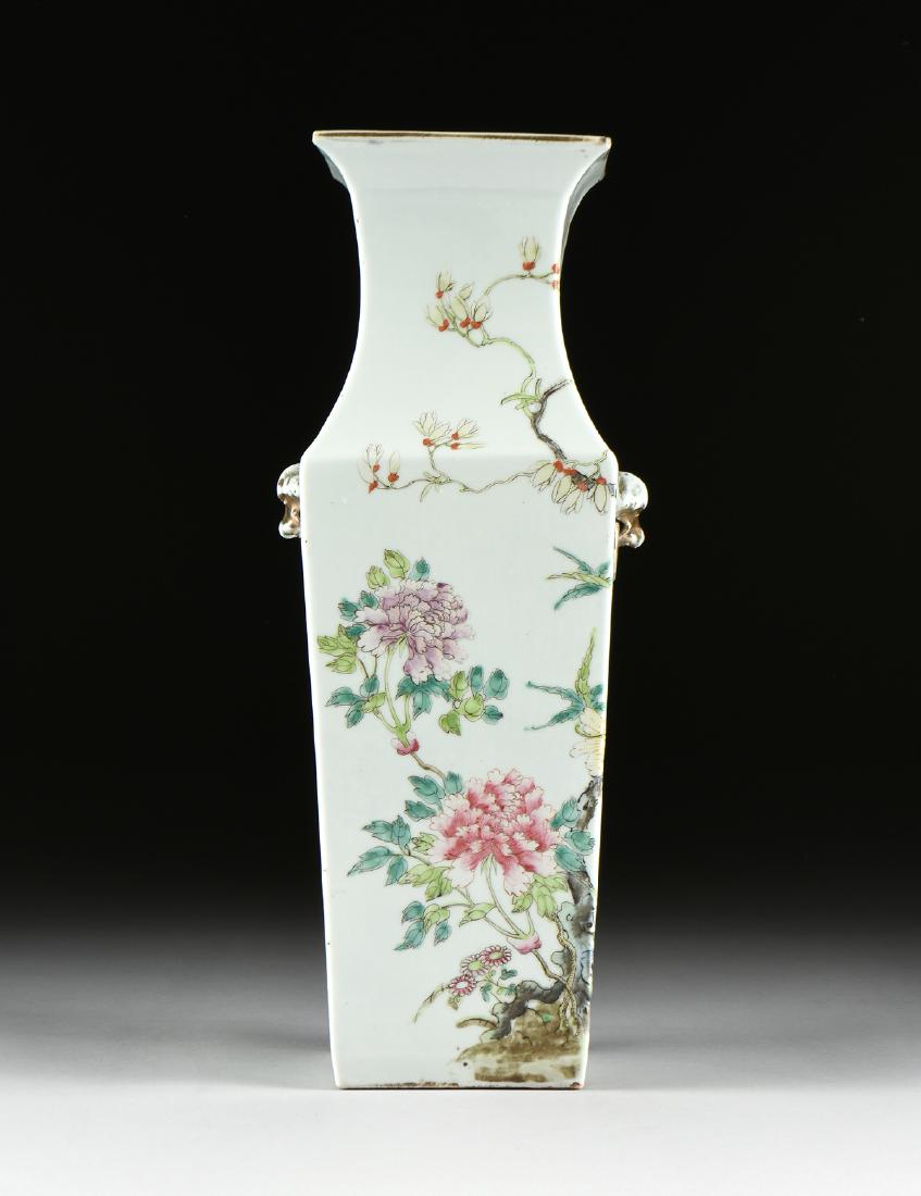 A SQUARE PARCEL GILT PORCELAIN VASE, CHINESE REPUBLIC: A SQUARE PARCEL GILT PORCELAIN VASE, CHINESE REPUBLIC (1912-1949), painted with an auspicious flowers and avian motif, flanked by integral lion's mask handles. Height: 16.50" Width: 6.50" Depth: 5.50"
